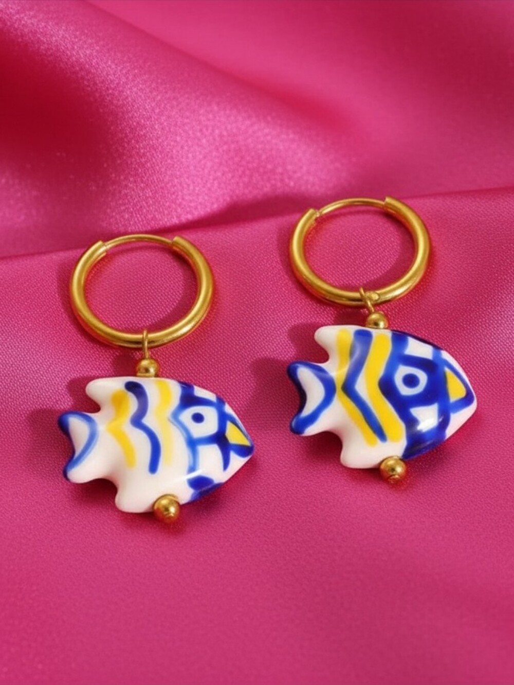 White Ceramic Fish Hoop Earrings with Blue and Yellow Accent - Summer Jewelry
